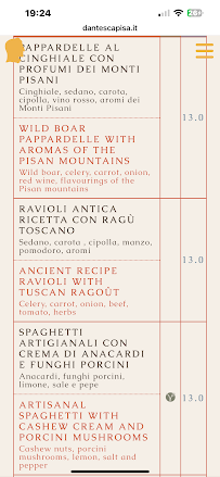 Carte du Ristoro Dantesca à Pisa