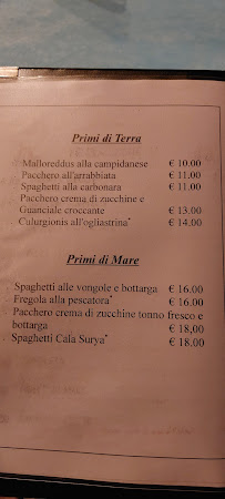 Menu / carte de Cala Surya à Perdepera