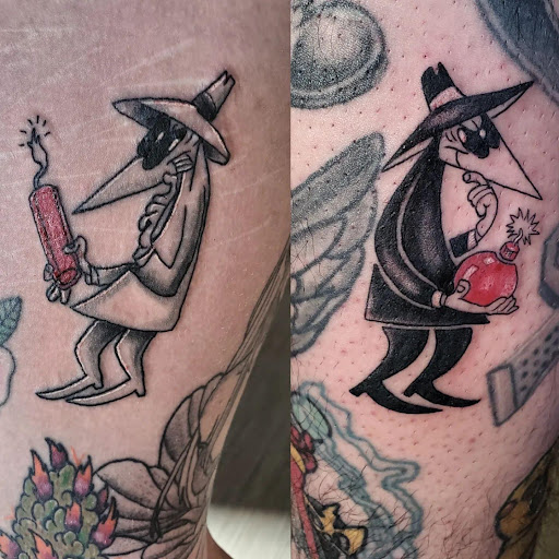 Explore family leg tattoo ideas, creative tattoo ideas in Palm Harbor, available at Angry Owl Tattoo and Piercing
