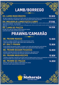 Menu du The Maharaja royal Indian cuisine à Porto