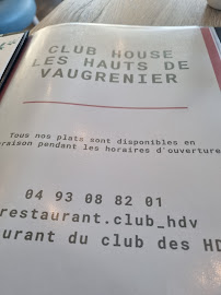 Menu du Club House Domaine Hauts Vaugrenier à Villeneuve-Loubet