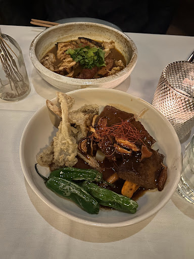 Short rib in the front, chicken breast with curry in the back 