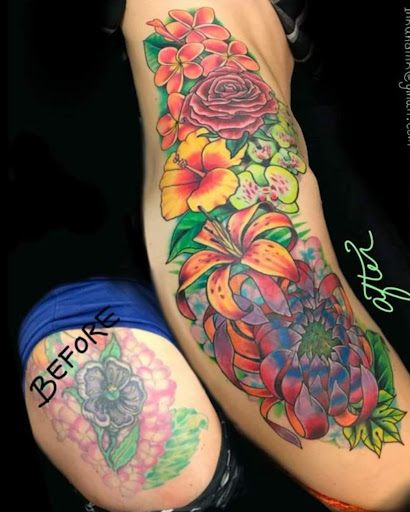 Explore leg cover up tattoo ideas, creative tattoo ideas in Spokane, available at Feel Good Ink