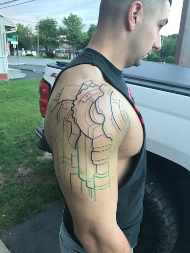 Explore fill in tattoo sleeve ideas, creative tattoo ideas in Albany, available at Make Your Mark Tattoo