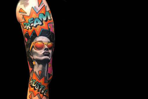 Explore mens color sleeve tattoo ideas, creative tattoo ideas in Davenport, available at Ynot Ink Studio