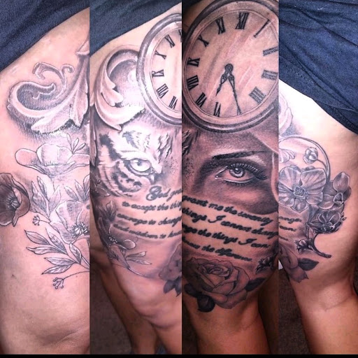 Explore back of thigh tattoo ideas, creative tattoo ideas in Vancouver, available at Studio X Tattoos & Piercings