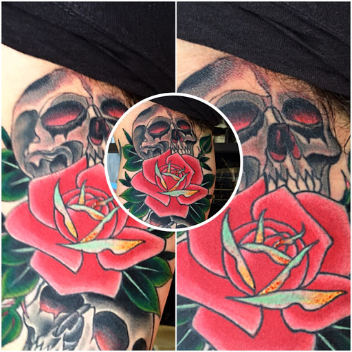 Explore portrait sleeve tattoo ideas, creative tattoo ideas in Youngstown, available at BAREKNUCKLE TATTOO & BARBERSHOP