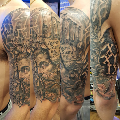 Explore purple tattoo ideas, creative tattoo ideas in Stratford, available at True Line Tattoo