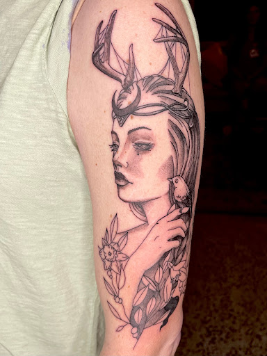 Explore forearm sleeve tattoo ideas, creative tattoo ideas in Broxton, available at Seratonin Tattoo Parlor