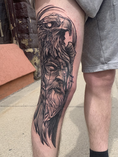 Explore elbow tattoo ideas for men, creative tattoo ideas in Cass City, available at Wolf Zen Tattoo