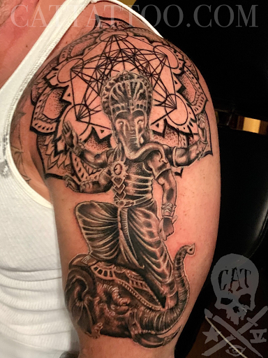 Explore shoulder cover up tattoo ideas, creative tattoo ideas in Addison, available at Cat Tattoo