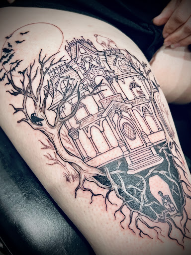 Explore cleavage tattoo ideas, creative tattoo ideas in Albuquerque, available at Dark Mark Arts