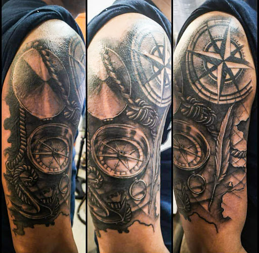 Explore portrait sleeve tattoo ideas, creative tattoo ideas in Newfield, available at Parabellum Tattoo Studio