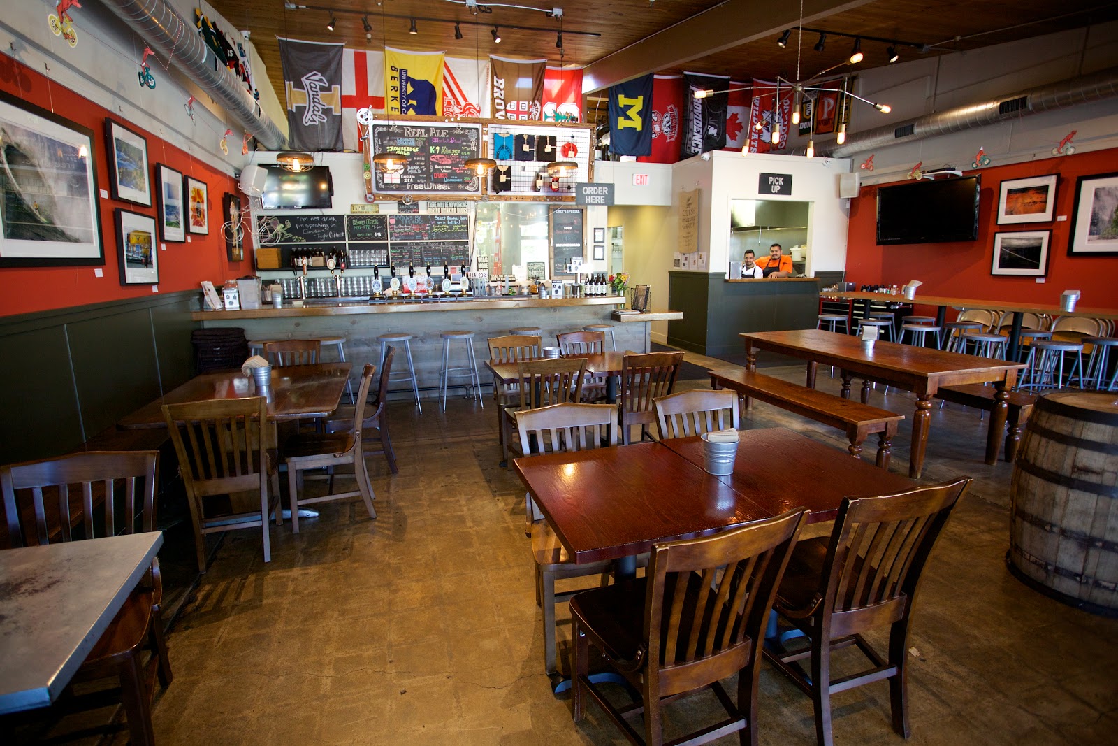 Beer taps lined up on a bar