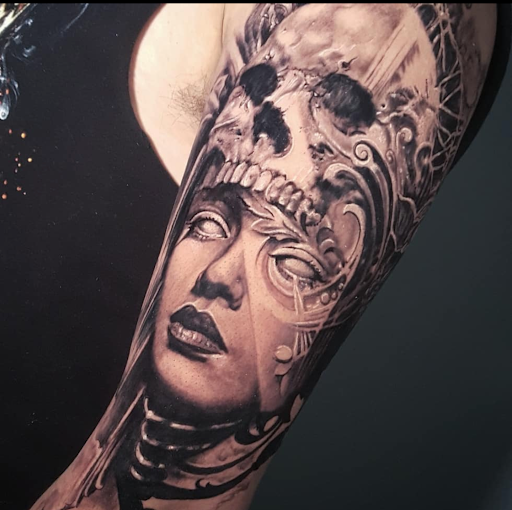 Explore skateboard tattoo ideas, creative tattoo ideas in Woodside, available at Fiction Tattoo Inc.