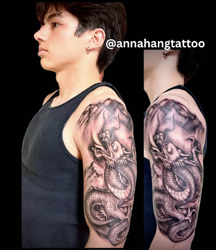Explore shoulder flower tattoo ideas, creative tattoo ideas in Garden Grove, available at Anna Hang Tattoo