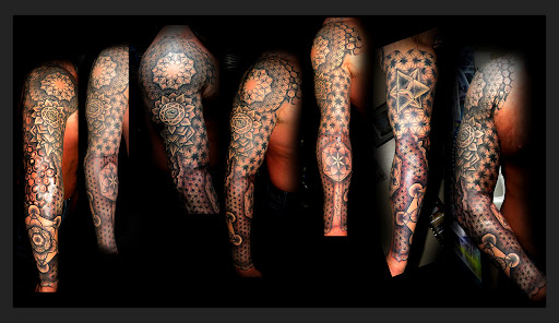 Explore patch sleeve tattoo ideas, creative tattoo ideas in Richmond, available at Art Period llc Tattoos and Artwork by Leigh Odom