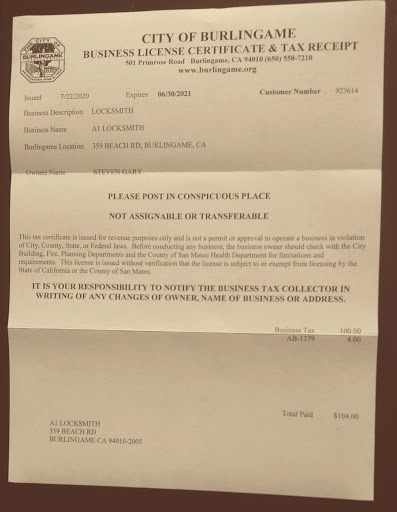 Locksmith «A1 Locksmith», reviews and photos, 359 Beach Rd, Burlingame, CA 94010, USA