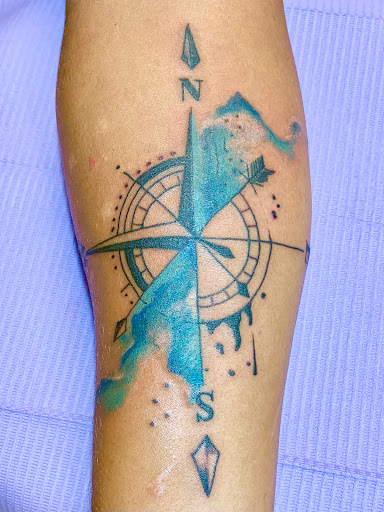 Explore thigh hip tattoo ideas, creative tattoo ideas in Brunswick, available at Blue Fin Tattoos