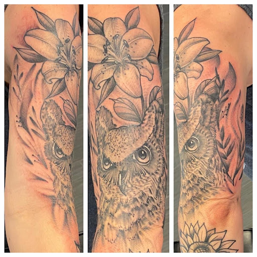 Explore half leg sleeve tattoo ideas, creative tattoo ideas in Palm Harbor, available at Angry Owl Tattoo and Piercing