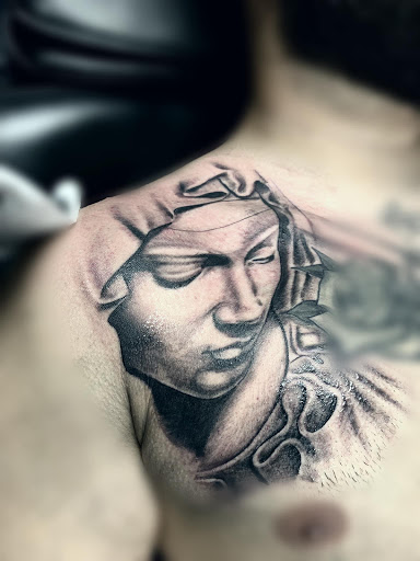 Explore sticker sleeve tattoo ideas, creative tattoo ideas in Roanoke, available at Saint Cecilias Art Studio