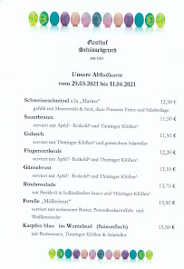 Menu / carte de Gasthof Zum Schüsselgrund à Trockenborn-Wolfersdorf