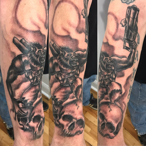 Explore dog tattoo ideas for guys, creative tattoo ideas in Kansas City, available at Golden Stag Tattoo and Gallery
