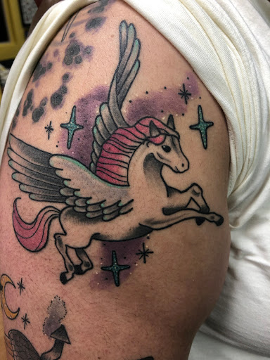 Explore men leg tattoo ideas, creative tattoo ideas in Willits, available at The Electric Floral Shop - Tattoos by Kiki