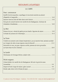Restaurant français Bistronomique l'Atlantique à Quiberon (le menu)