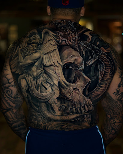 Explore mens upper arm tattoo ideas, creative tattoo ideas in Kissimmee, available at Fallen Sparrow Tattoo Co