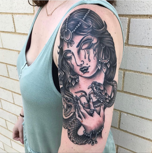 Explore skull tattoo sleeve ideas, creative tattoo ideas in Richlands, available at Down Yonder Tattoo