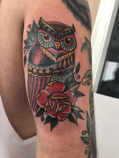 Explore black and grey half sleeve tattoo ideas, creative tattoo ideas in Calumet, available at Tattooing by Big Ben