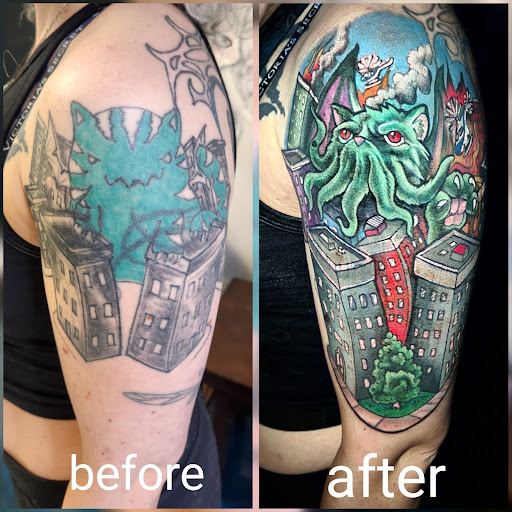 Explore peck tattoo ideas, creative tattoo ideas in Buford, available at Inked Arts Tattoo Studio