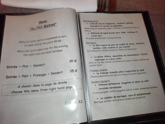 menu du restaurants Au P'tit Bistrot à Bayeux