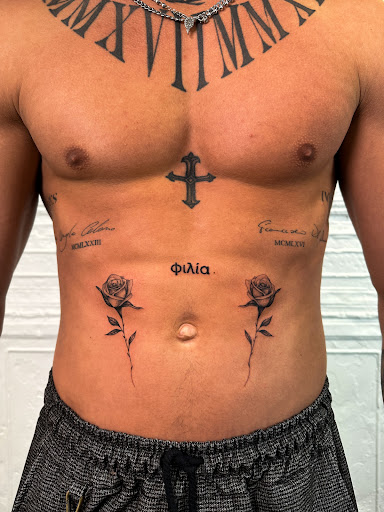 Explore cosmos flower tattoo ideas, creative tattoo ideas in New York, available at L.O.V.E.machine Street Tattoo Shop