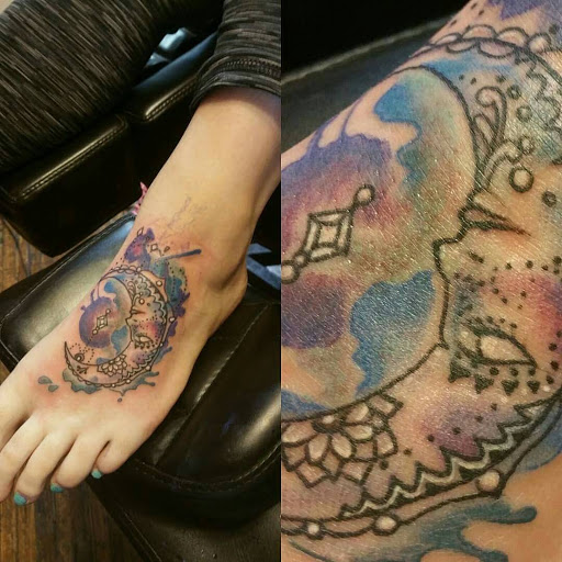 Explore upper thigh tattoo ideas, creative tattoo ideas in Noblesville, available at Mystic Images Tattoo Co.