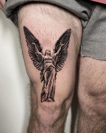 Explore tattoos on the thigh ideas, creative tattoo ideas in Kissimmee, available at Fallen Sparrow Tattoo Co