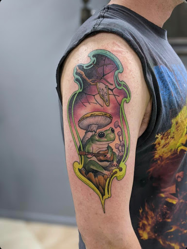 Explore cute thigh tattoo ideas, creative tattoo ideas in Fort Wayne, available at Studio 13 Tattoo