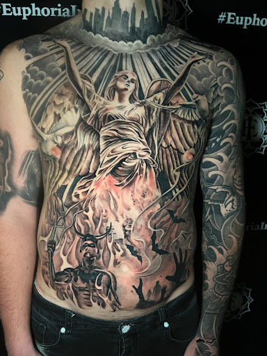 Explore chandelier tattoo ideas, creative tattoo ideas in Roselle, available at Euphoria Ink Tattoo Studio and Body piercing