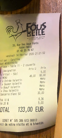 Les Fous de l'Île à Paris menu