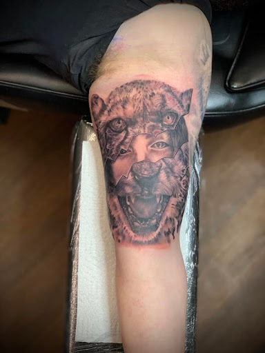 Explore knee tattoo ideas, creative tattoo ideas in Roscoe, available at Elevated Ink Tattoo