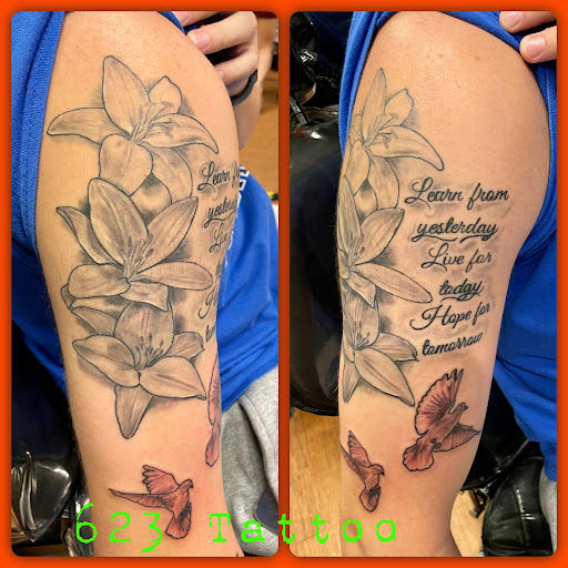 Explore clock sleeve tattoo ideas, creative tattoo ideas in Watertown, available at 623 Tattoo