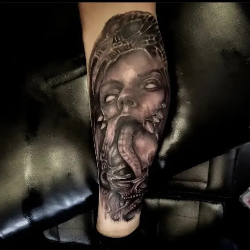 Explore mens shin tattoo ideas, creative tattoo ideas in Wasilla, available at Doulos Tattoo, The Tattoo Shop