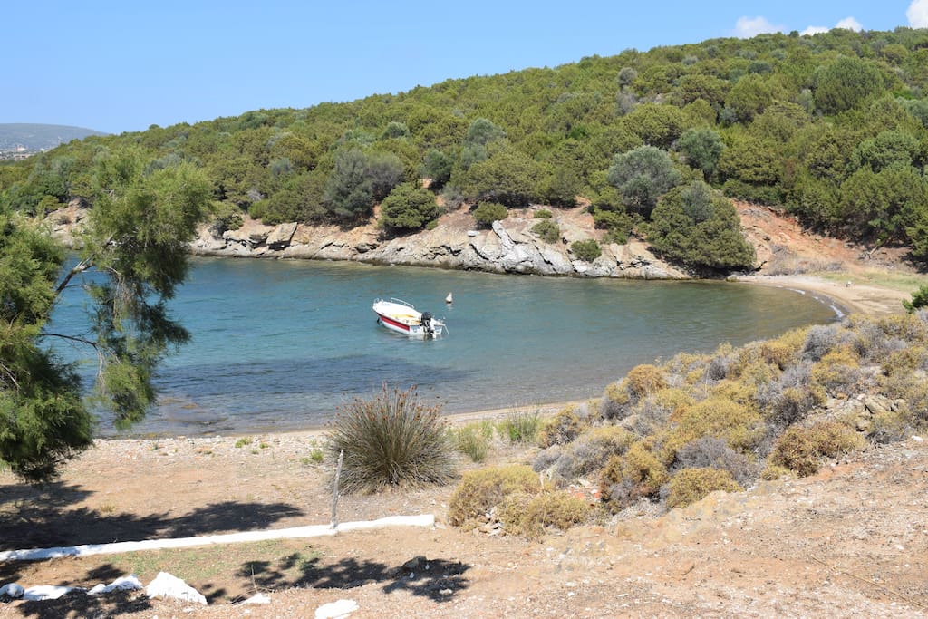 Foto di Little Mandraki beach con una superficie del sabbia nera e ciottoli