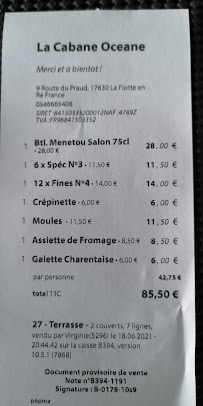 Restaurant La Cabane Oceane : Nº9 Le Bar à Huîtres et La Boutique à La Flotte (le menu)