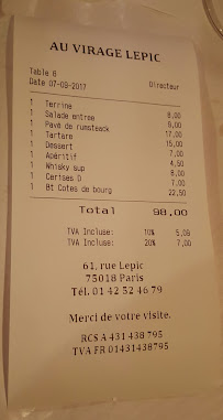 Restaurant français Au virage Lepic à Paris (la carte)