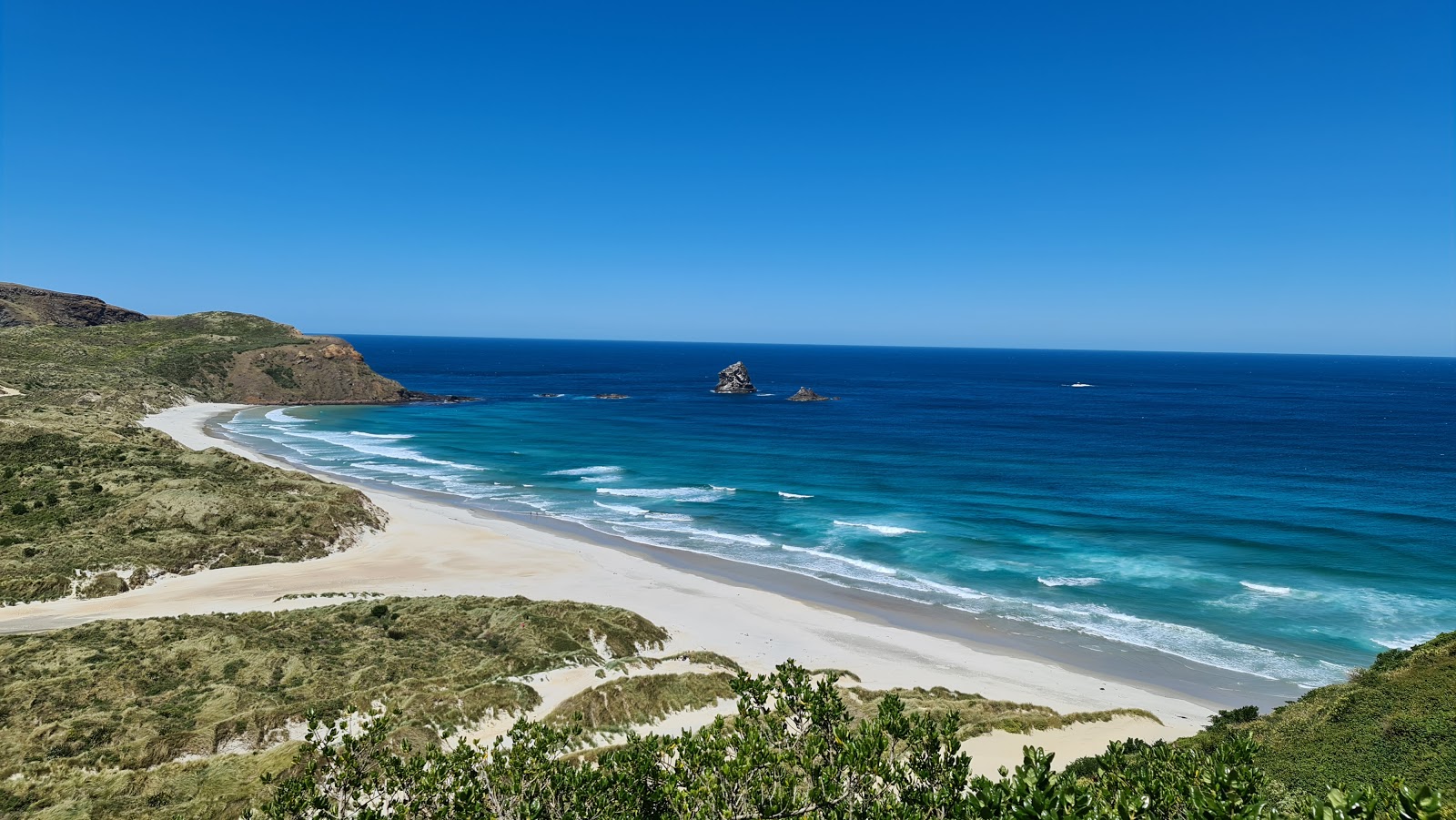 Foto di Sandfly Bay Beach con una superficie del sabbia beige fine