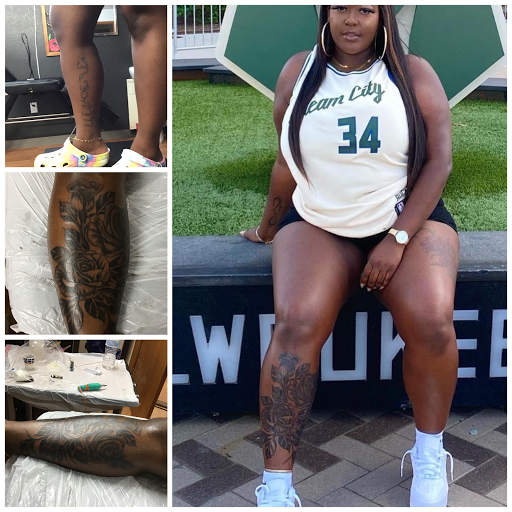 Explore back leg tattoo ideas for females, creative tattoo ideas in Milwaukee, available at West Allis Tattoo & Gallery Tattoo Shop Milwaukee