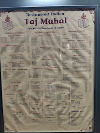 Menu du Taj Mahal Restaurant Indien à Suresnes