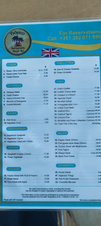 Trópico Beach Bar à Alvor carte